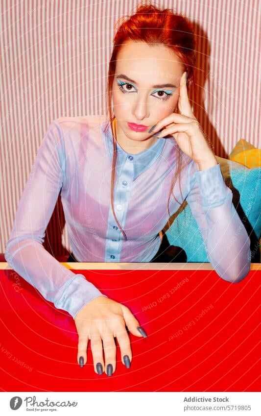 Thoughtful businesswoman in vibrant office setting caucasian late 20s red hair contemplation finger temple gaze intense viewer seated desk lilac blouse sheer