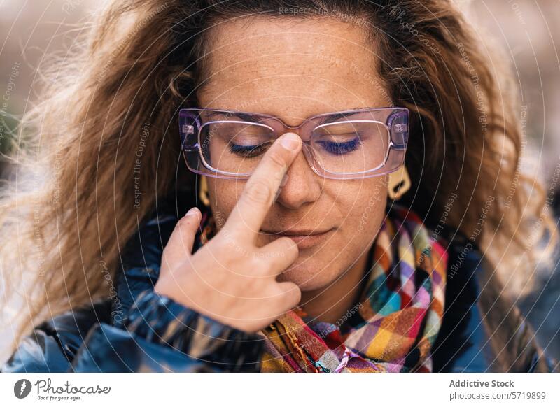 Intimate portrait of a woman deep in thought, pressing a hand with four fingers against her glasses, with eyes closed and a serene expression unique forehead