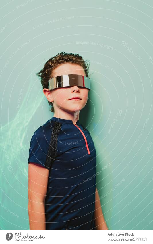 A confident young boy poses in a sleek visor and sporty top, bringing a futuristic edge to a fun kids party atmosphere stylish fashion eyewear modern child blue