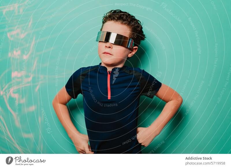 A young boy exudes confidence with his hands on his hips, wearing a high-tech visor, ready to enjoy a kids party child confident cool hands on hips futuristic