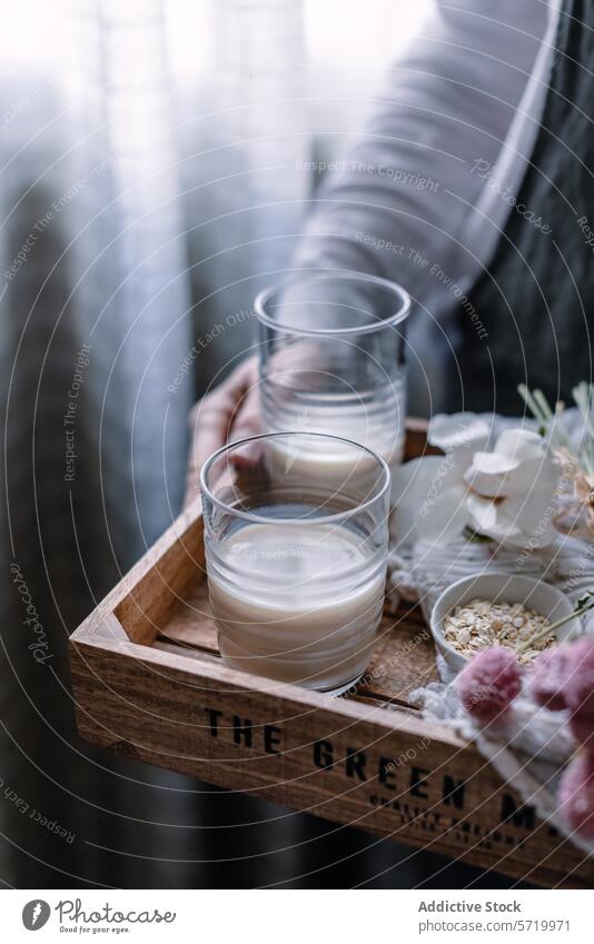 Serving homemade oat milk in clear glasses wooden tray health lifestyle milk alternative dairy-free vegan beverage organic nutrition wholesome natural raw oats