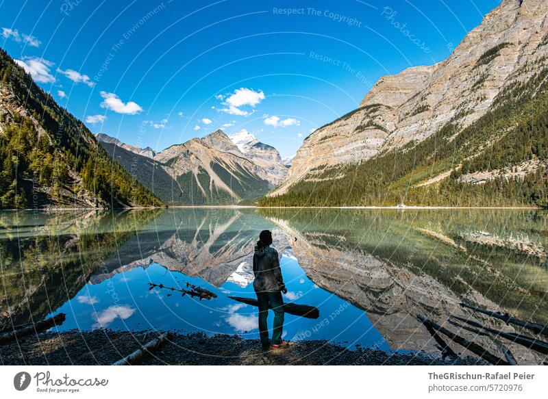 Woman standing by a lake - the whole panorama is reflected in the lake mirror Lake kinney lake Vantage point Water Panorama (View) Colour photo reflection