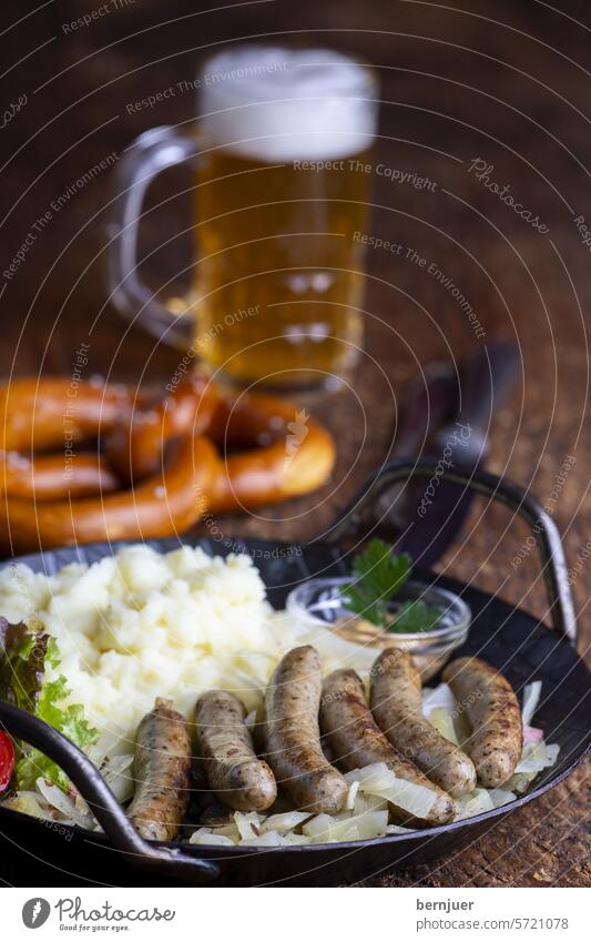 Nuremberg sausages with sauerkraut on wood Meat Eating tart Roasted Bratwurst Wood Bavaria Frying Table grilled Oktoberfest Germany Snack Delicious Close-up