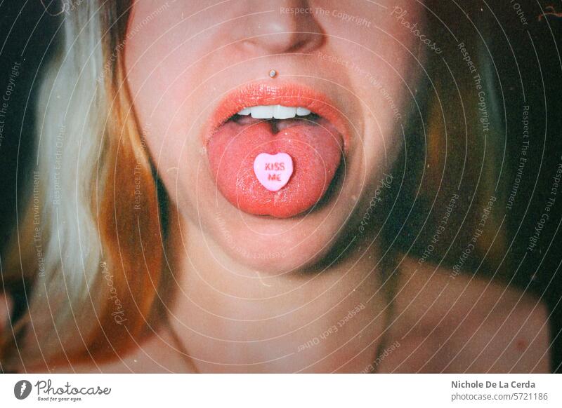 Woman with candy heart on tongue Tongue Candy Candy Heart Love Romance romantic Valentine's Day valentine