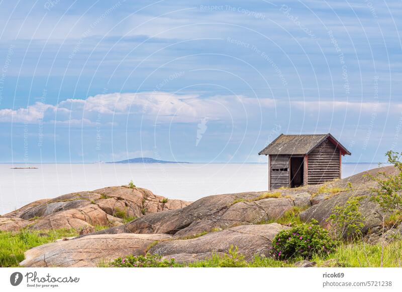 Baltic Sea coast with rocks and wooden hut near Oskashamn in Sweden Oskarshamn Ocean Hut Wooden hut Baltic coast Kalmar county Smaland Summer Sky Clouds Blue