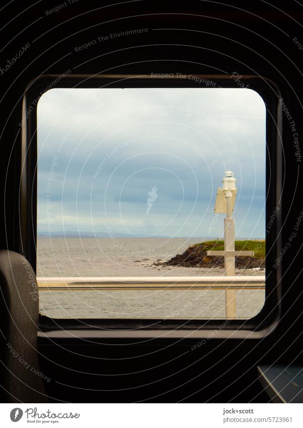 Ferry soon reaches its destination Window Panorama (View) Far-off places Vacation & Travel Horizon Sky Navigation Ocean Silhouette Trip Island signal mast