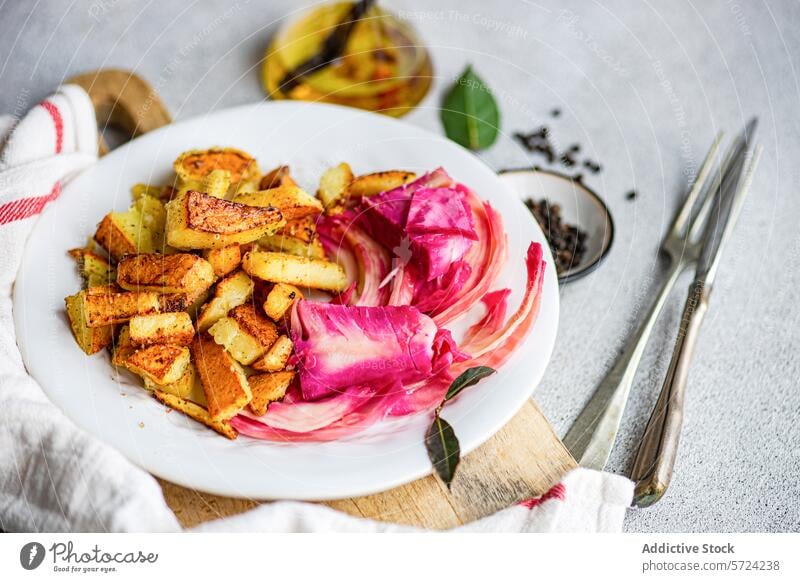 Spicy fermented cabbage with beetroot and garlic dish spicy red pepper vibrant seasoned baked potatoes white plate food cuisine vegan vegetarian healthy meal