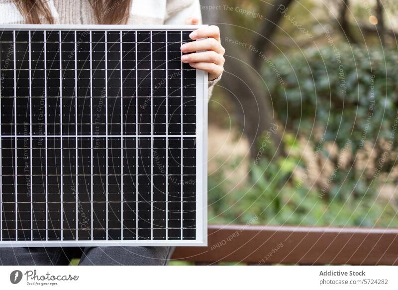 Person holding a small solar panel outdoors person alternative energy green energy sustainable mini technology blurred background photovoltaic environmental