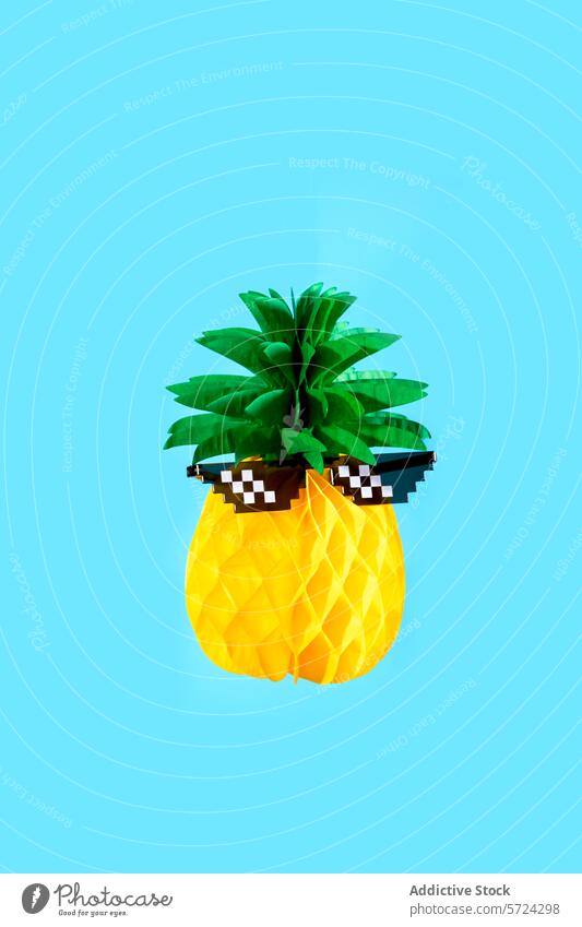 Fun Pineapple with Sunglasses on Blue Background pineapple sunglasses blue background fruit tropical quirky fun vibrant summer pixelated cool colorful fashion