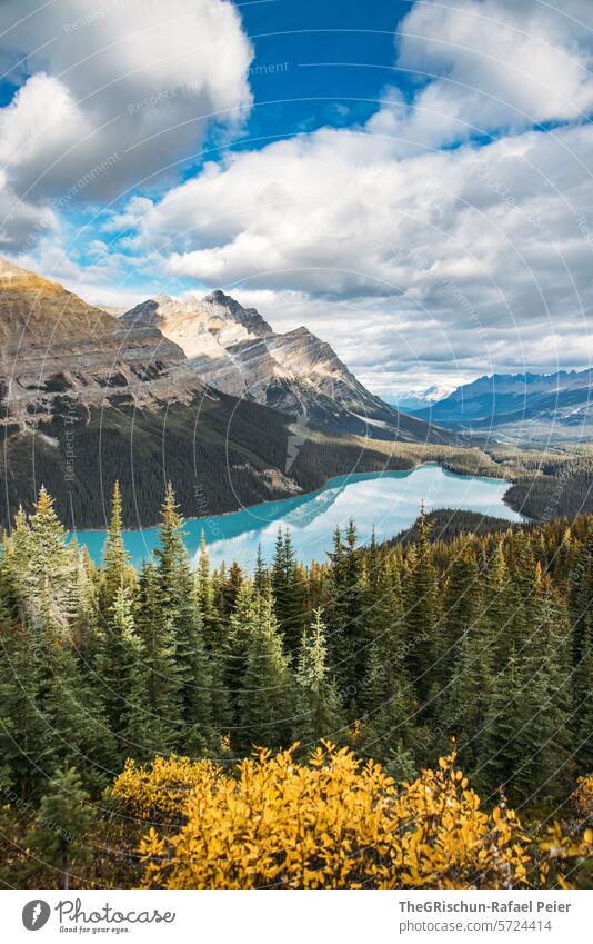 Mountains reflected in the turquoise lake (Peyto Lake) Canada Clouds Water Icefield parkway Rocky Mountains Vacation & Travel Exterior shot Colour photo Tourism