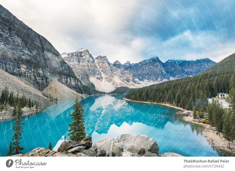 Moraine Lake in the morning with reflection Canada Mountain Clouds Water Icefield parkway Rocky Mountains Vacation & Travel Exterior shot Colour photo Tourism