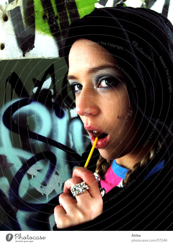 candygirl Feminine Woman Candy Cattle Hip-hop Make-up Braids Factory Wall (barrier) Lips Graffiti Close-up Face