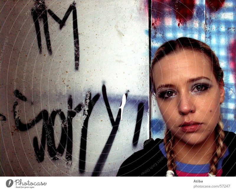 sorry Feminine Woman Braids Apology Wall (building) Wall (barrier) Text Grief Hip-hop Graffiti Colour Face Close-up Sadness
