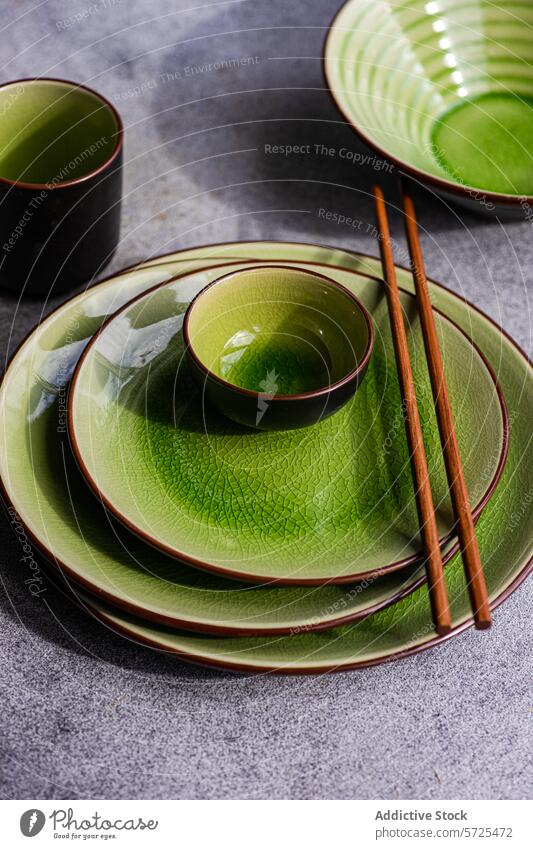 Elegant Green Ceramic Tableware Set with Wooden Chopsticks from above table setting green ceramic plate bowl wooden chopstick bright dinnerware texture gray