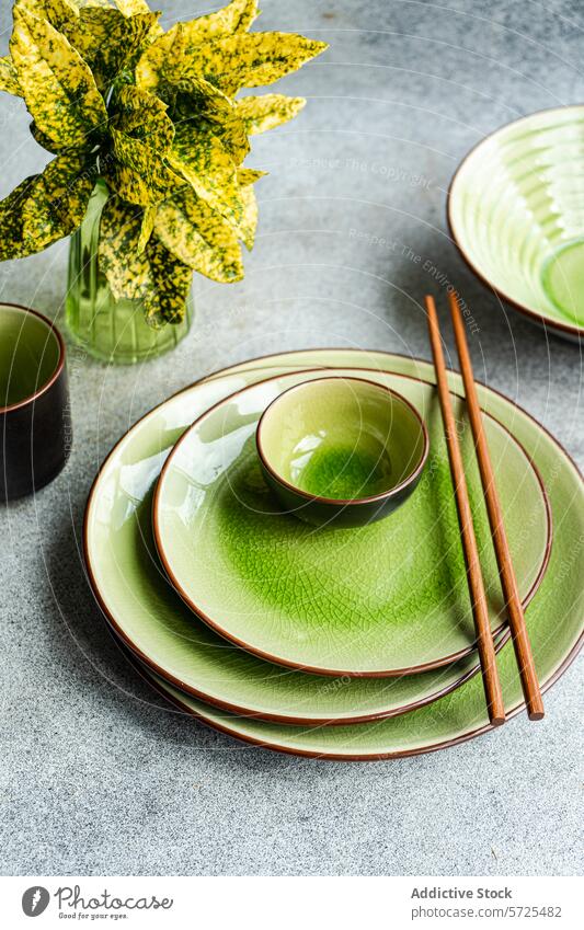 Elegant green ceramic tableware and chopsticks on textured surface table setting bright dinner cutlery top view from above wooden modern dinnerware vibrant