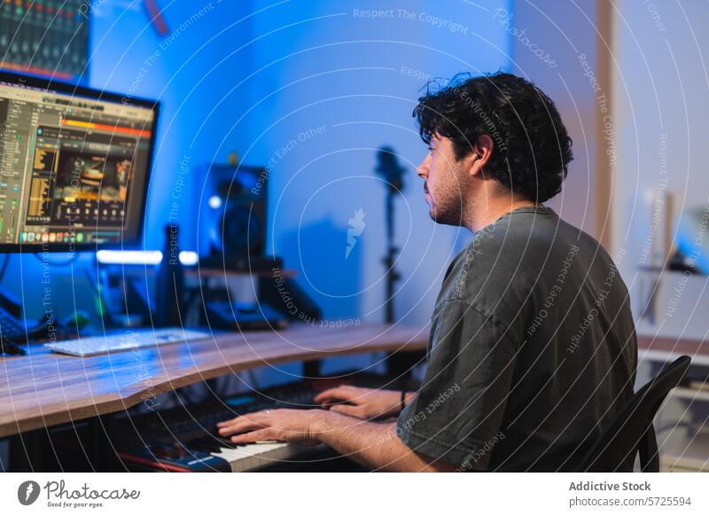 Music producer working in a modern sound studio music editing audio track digital workstation midi keyboard home studio man professional technology recording