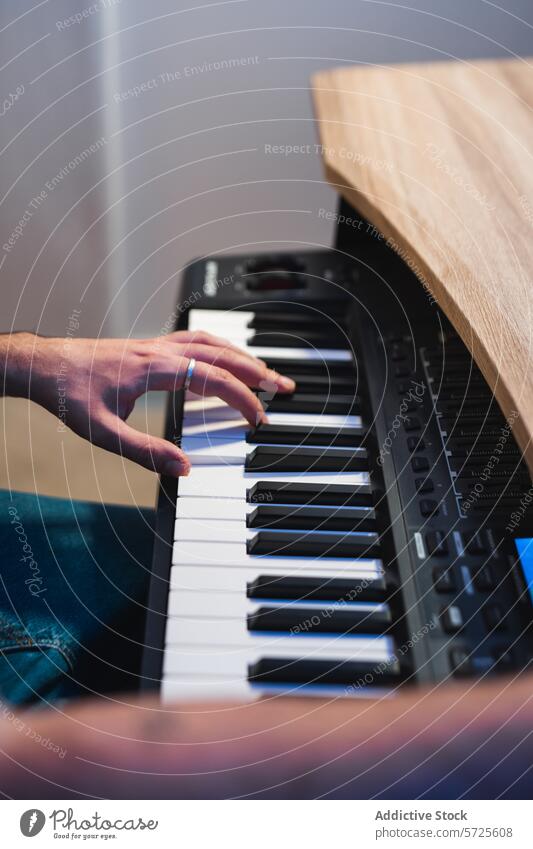 Musician playing a keyboard during a studio session music musician digital piano sound hands instrument electronic creativity artistic process recording