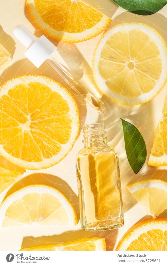 Citrus essential oil bottle with fresh orange and lemon slices citrus dropper aromatherapy natural wellness vitamin skincare beauty bright glass transparent