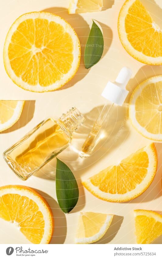 Citrus essential oil with orange slices and green leaves citrus green leaf bottle dropper pastel background flat lay aromatic beauty wellness skincare natural