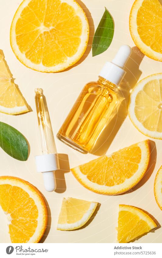 Citrus essential oil with fresh orange slices and leaves citrus glass bottle dropper leaf sunny background aroma aromatherapy beauty health skincare natural
