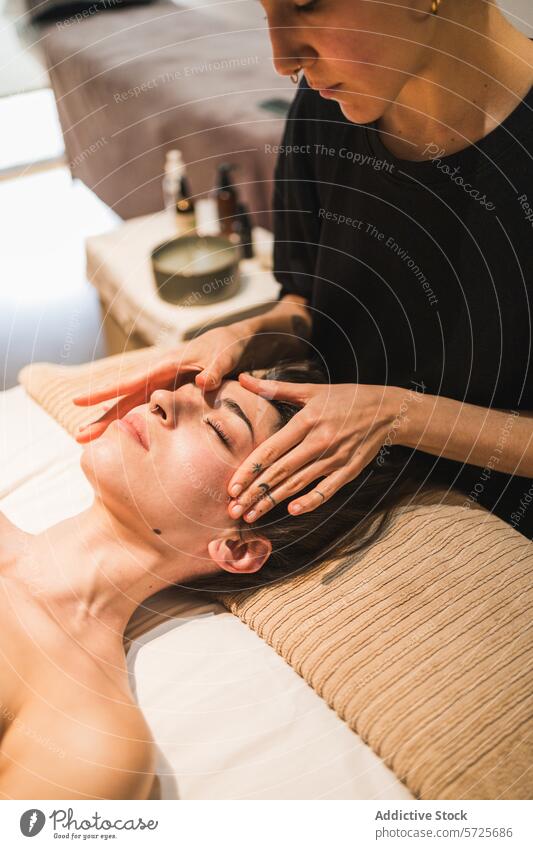 Serene spa facial massage for relaxation therapist female client serene setting wellness health skincare beauty treatment pampering tranquil therapeutic comfort