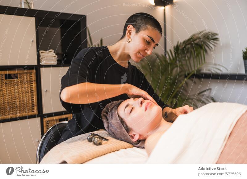Professional beautician giving a relaxing facial treatment beauty spa relaxation wellness skincare massage client therapist professional aesthetician