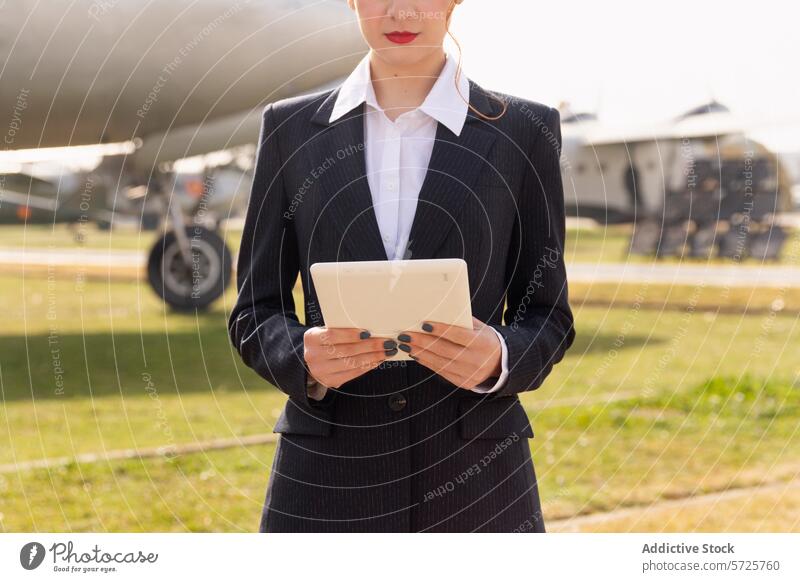 Anonymous air hostess in a tailored suit holds a tablet while standing confidently at an airfield, with a glimpse of aircraft in the background woman
