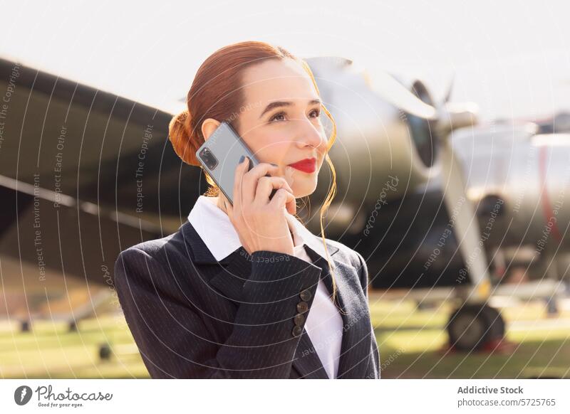 A poised air hostess is captured in a moment of communication, making a call on her smartphone with a vintage airplane in the background professional woman