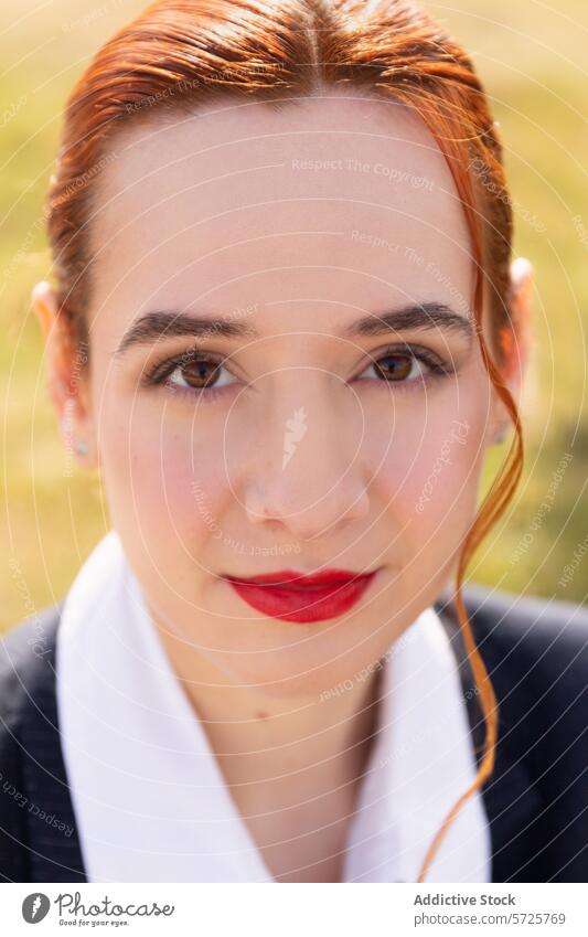 A detailed portrait of an air hostess showcasing her professional makeup and poised expression, reflecting the elegance of the aviation industry close-up woman