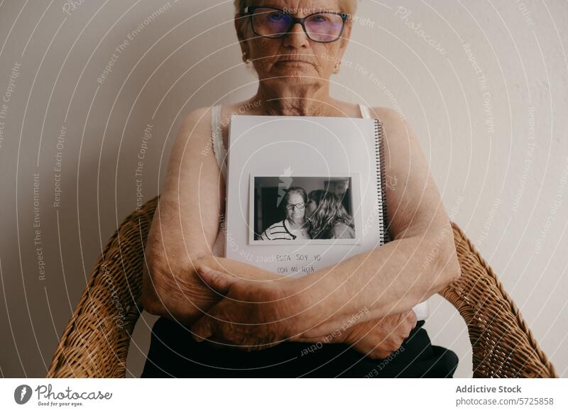 Elderly woman holding photo album with family picture elderly glasses sitting embrace black and white memory nostalgia cherish portrait sentimental affection