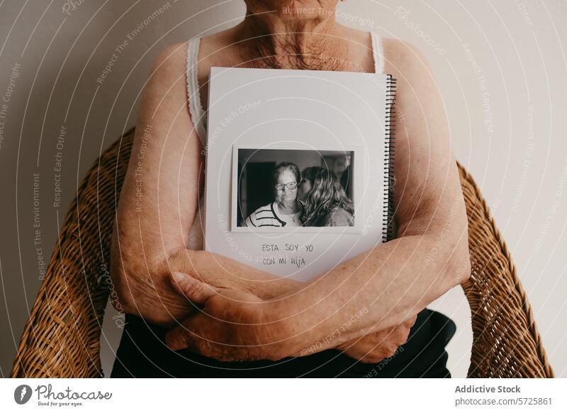 Elderly arms embracing a photo album with cherished memory elderly embrace loved one heartwarming sentimental family moment affection senior black and white