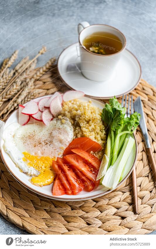 Healthy Organic Lunch Set with Tea healthy organic lunch radish tomato celery fried egg bulgur cereal tea cup herbal nutritious plate fresh food meal diet