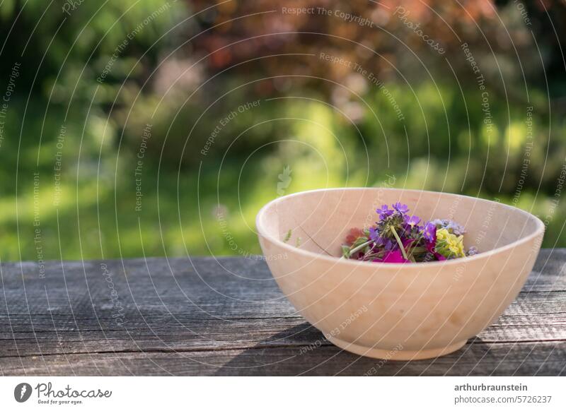 Colorful petals of primroses and meadowfoam in a bowl on a wooden table outside in the garden ready for cooking with flowers for vegan and vegetarian dishes