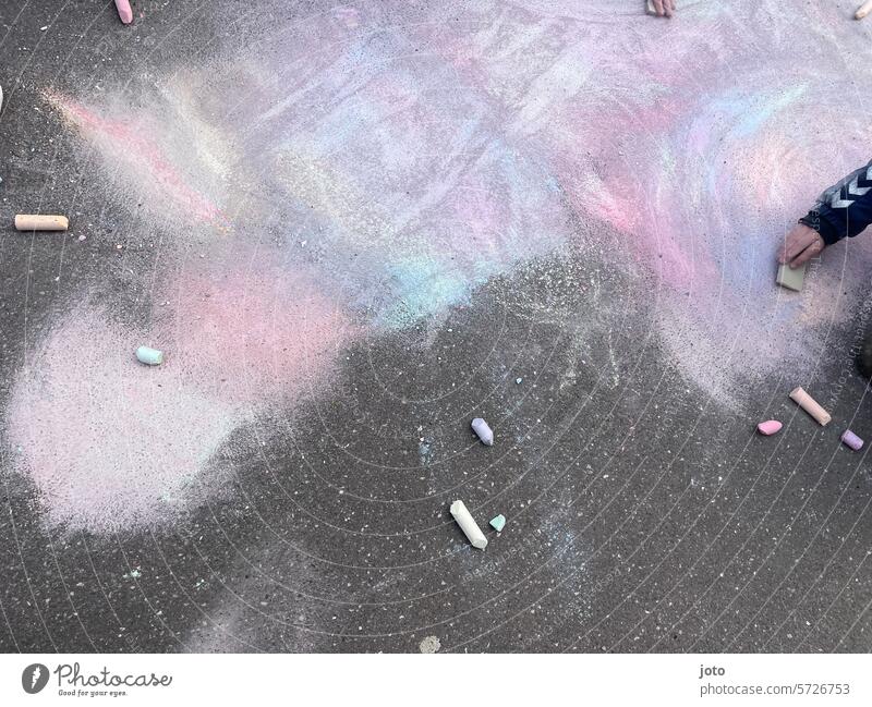 Children draw brightly colored chalk on the floor Painting (action, artwork) Chalk Chalk drawing Pattern Neutral Background Background picture pastel