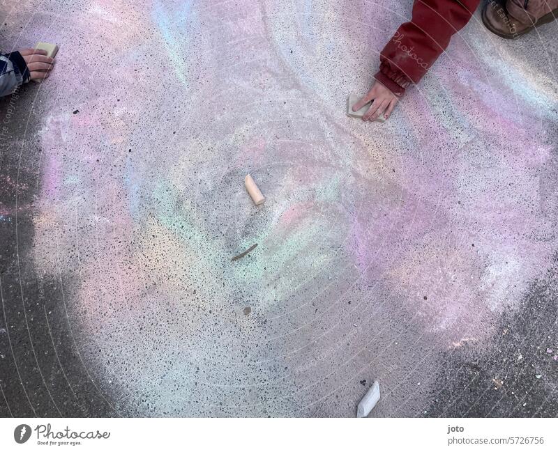 Children draw brightly colored chalk on the floor Painting (action, artwork) Chalk Chalk drawing Pattern Neutral Background Background picture pastel