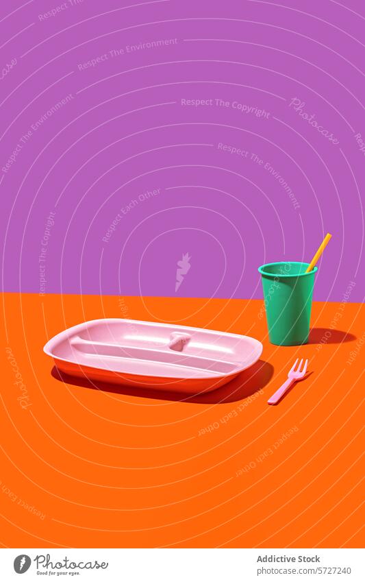 Colorful plastic tableware on vibrant background minimalist tray cup straw fork colorful bi-colored pink green set-up disposable cutlery picnic party catering