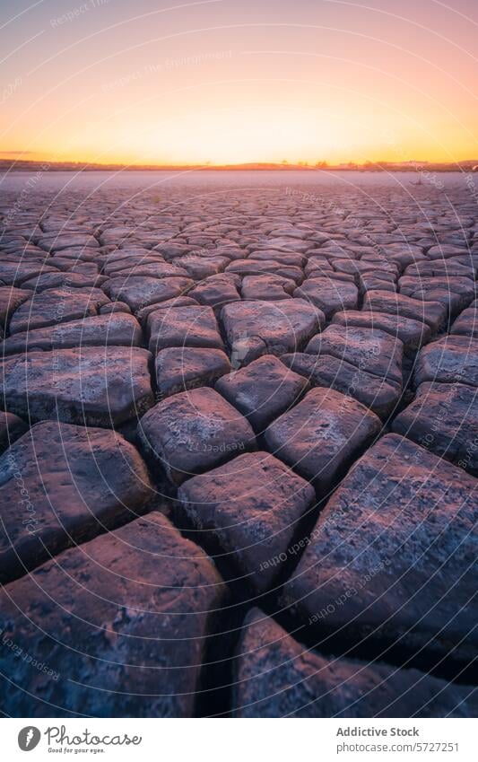 The radiant hues of a setting sun illuminate the intricate patterns of deep mudcracks, creating a contrast between arid land and a vibrant sky sunset cracked
