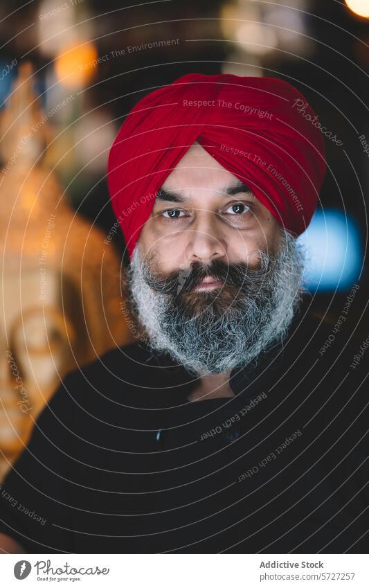 Portrait of man with red turban and beard portrait gray serious look blurred background ambient cultural attire traditional headwear sikh indian ethnic mature
