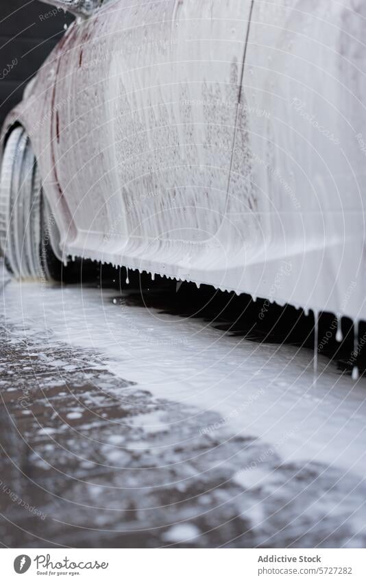 Car undergoing a thorough foam wash at a car wash station service soapy suds dripping clean vehicle maintenance hygiene water close-up detail auto automobile