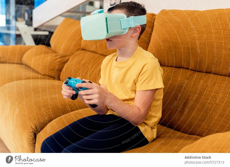 Boy enjoying virtual reality game at home boy headset gaming sofa controller technology entertainment youth kid sitting engaged indoor leisure video game