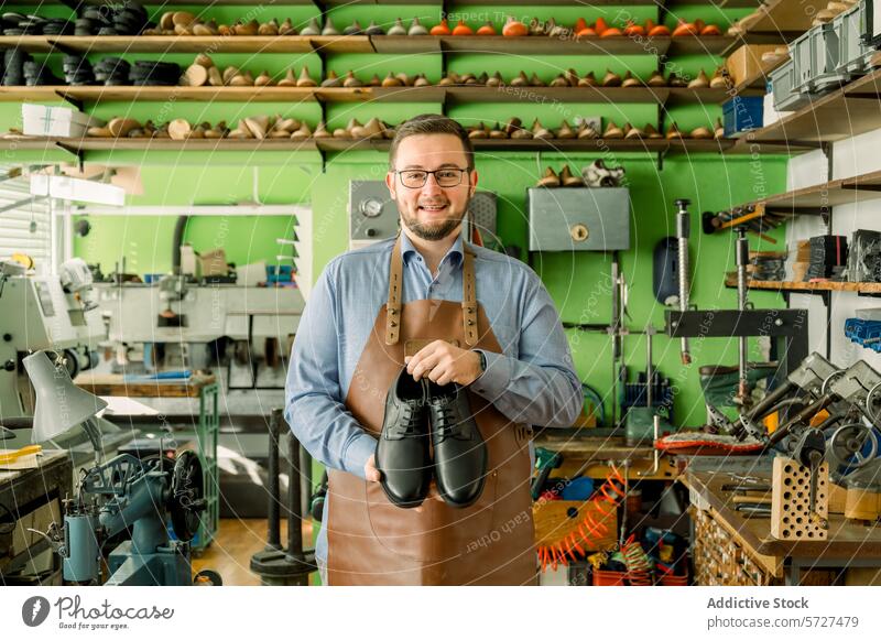 Traditional shoemaker proudly presents handmade shoes austria workshop craftsman leather shoe last cheerful equipment bespoke professional apron standing