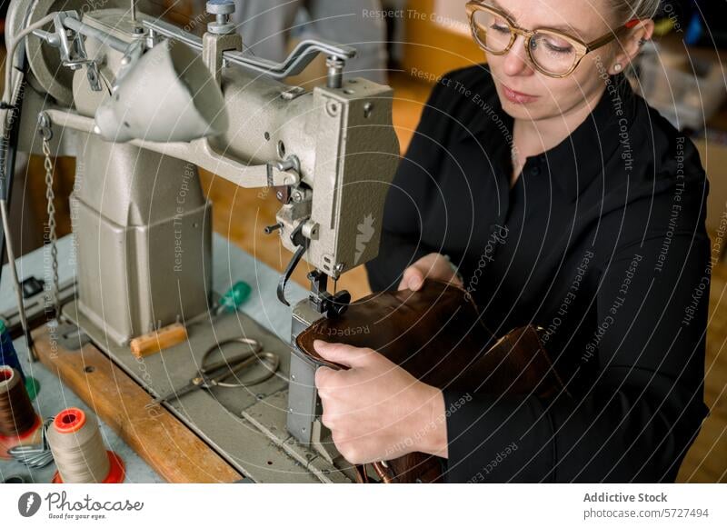 Shoemaker at work in Austrian workshop shoemaker austria sewing machine leather repair craft artisan craftsmanship occupation skill handcrafted manual labor
