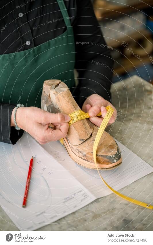Austrian shoemaker measuring a shoe last austria tape measure craftsmanship wooden workshop artisan precision traditional skill handcrafted apron tools yellow