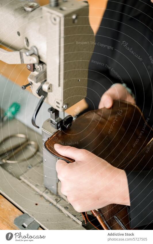 Artisan shoemaking process in workshop craftsmanship artisan shoemaker leather sewing machine hands skill manual labor industry fashion design production