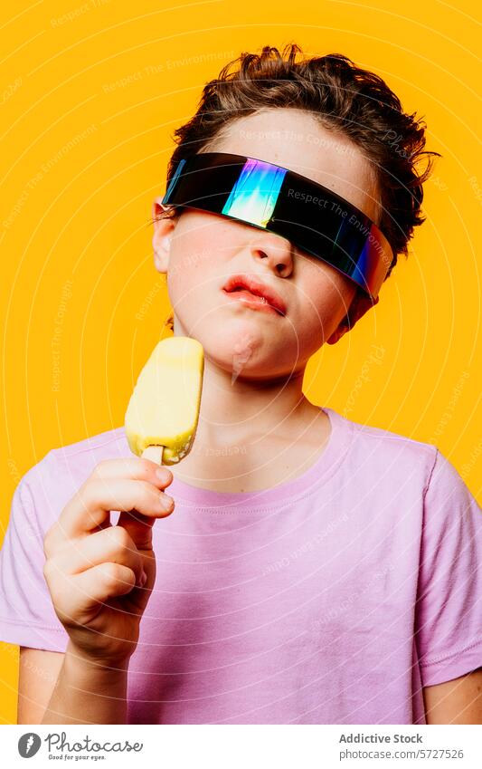 Kid in futuristic sunglasses enjoying ice cream kid boy summer cool vibe taste warm background stylish oversized goggles snack child treat dessert fashion