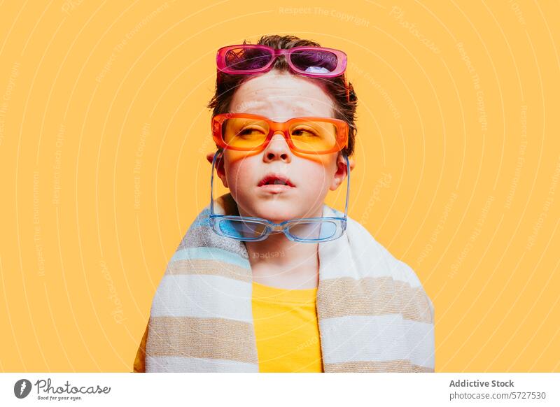 Quirky child with multiple colorful sunglasses quirky yellow background posing confused expression funny playful humor fashion eyewear bright kid accessories