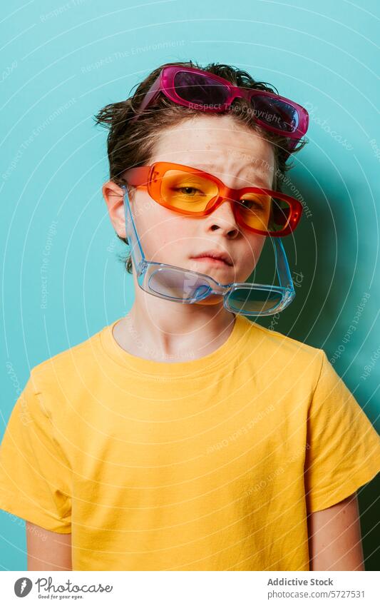 Quirky kid with multiple colorful sunglasses child boy whimsical portrait layered fashion expression playful quirky stack vibrant teal background style youth