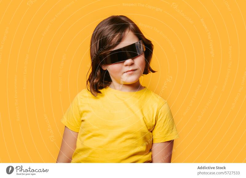 Cool kid in futuristic oversized sunglasses child girl yellow shirt orange background confident fashion style playful modern trendy casual eyewear accessory