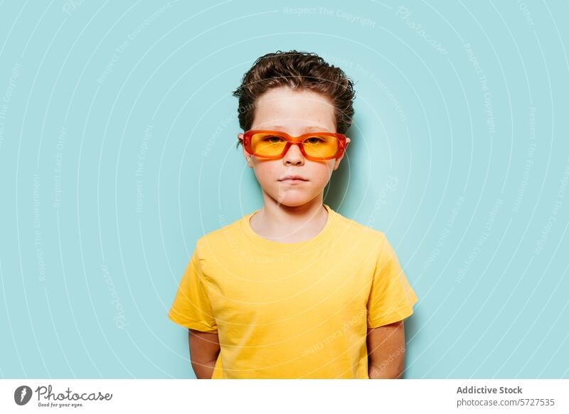 Stylish young boy with orange sunglasses against blue background portrait yellow t-shirt confident child youth fashion stylish cool casual modern trendy color