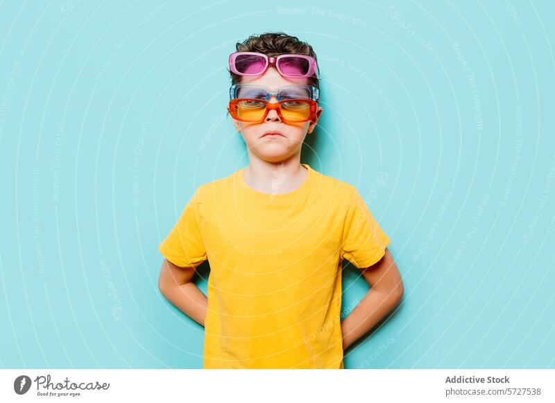 Boy wearing multiple sunglasses against blue background boy playful yellow shirt confident child fashion accessory layering colorful expression face attitude